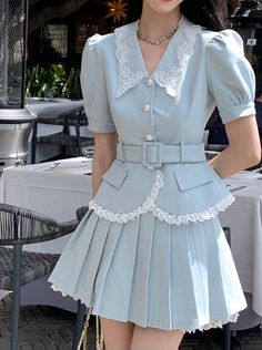 ❤︎Fresh Girl Blue Lace Setup❤︎ Royal Fashion Casual, Cute Office Wear, Cute Modest Fashion, Light Blue And Black Outfit, Housewife Clothes, Light Blue Moodboard, Cute Outfits Blue, Soft Ethereal Aesthetic Outfits, Ocean Inspired Outfits