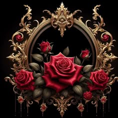 an ornate gold frame with red roses in the center and leaves around it, on a black background