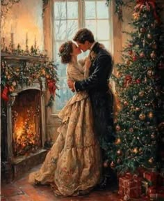 a painting of a man and woman kissing in front of a fireplace next to a christmas tree