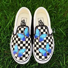 Custom made Vans slip ons!  Made with 100% Authentic Vans.  All custom designs are durable and waterproof.  Please send a message if you have any questions! Butterfly Vans, White High Top Vans, Rainbow Vans, Vans Slip Ons, Gold Vans, Old Skool Platform, Yellow Vans, Image Transfers, Checkered Vans