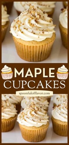 These Maple Cupcakes are moist and fluffy topped with a homemade maple cream cheese frosting! These delicious homemade cupcakes make the best Thanksgiving dessert or Fall baking recipe! Vanilla Maple Cupcakes, Maple Buttermilk Cupcakes, Maple Vanilla Cake, Maple Syrup Cupcakes, Maple Bourbon Cream Cheese Frosting, Cream Cheese Frosted Cupcakes, Maple Food Ideas, Maple Walnut Cupcakes, Maple Bourbon Cupcakes