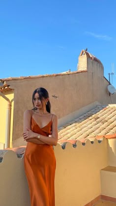 Fancy Dress Poses, Midsummer Outfit, Orange Outfit, Silk Slip Dress, Silk Slip, Positano, Orange Dress, Fancy Dresses