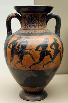 an old vase with some people on it