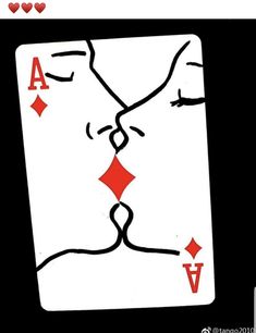 a playing card with two hearts on the front and one in the back, as if kissing