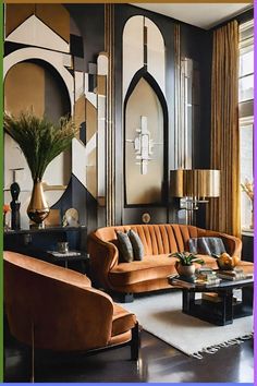 a living room filled with lots of furniture next to a large mirror on the wall