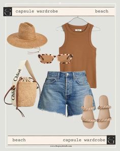 denim shorts beach outfit Caribbean Island Outfits, Denim Shorts Beach Outfit, Packing For Beach Vacation, Shorts Beach Outfit, Bathing Suit Outfits, Minimalist Packing, Denim Shorts Outfit, Europe Outfits, Swimsuits Outfits