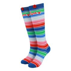 PRICES MAY VARY. Playfully Unique Design: These adult women's Chucky knee-high socks feature a vibrant rainbow stripe pattern that adds a pop of color and fun to your attire. Chucky-Themed Detailing: With blue heels and toes, along with the iconic phrase "Good Guy" and decorative buttons on the cuffs, these socks pay homage to the classic horror character in style. Premium Comfort: Crafted from a high-quality blend of 98% polyester and 2% Spandex, these socks provide a comfortable and flexible f Spooky World, Striped Knee High Socks, Womens Knee High Socks, Childs Play Chucky, Blue Heels, Decorative Buttons, Classic Horror, Cozy Fits, Knee High Socks