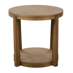 a round wooden table with one shelf on the bottom and two shelves at the top