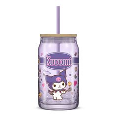 a purple cup with a straw in the shape of a cat on it's side