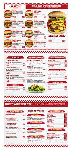 the menu for a fast food restaurant with different types of sandwiches and burgers on it