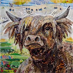 a painting of a cow with lots of words on it's face and neck