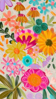 an abstract painting of colorful flowers on a white background