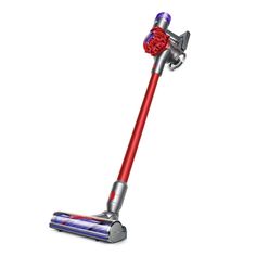 a red and silver vacuum cleaner on a white background