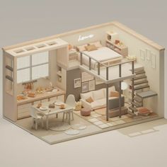 a cut - out of a small house with furniture and kitchen in the living room