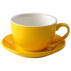 a yellow cup and saucer on a white background