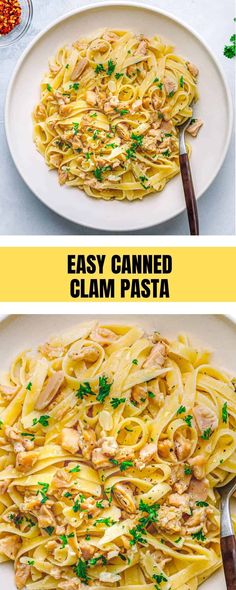 two pictures showing different types of pasta with chicken and parmesan cheese on top