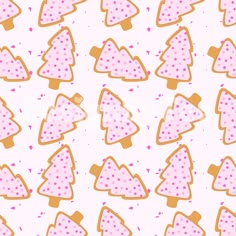 pink and gold christmas trees with polka dot dots on white background, seamless pattern