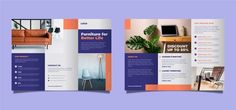 a brochure is shown with an orange and purple color scheme