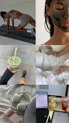 a collage of photos with woman doing yoga