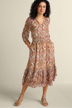 We're swooning over this midi. From the Jacobean scroll print to the airy crinkle chiffon, it has an ethereal, romantic quality you'll want to wear all year-round from date nights to hosting. A partial placket of faux shell buttons leads to a comfy smocked waist for gentle shaping. While ruffle details and 3/4-length blouson sleeves add a feminine flourish. Side seam pockets make it ready for anything, too. Lined. Spring Paisley Print Patterned Midi Dress, Spring Paisley Print Midi Dress, Flowy Paisley Print Midi Dress, Feminine Flowy Viscose Midi Dress, Flowy Paisley Print Midi Dress For Vacation, Flowy Midi Dress With Paisley Print For Vacation, Bohemian Midi Dress With Flowy Skirt, Ethereal Romantic, Upcycled Ideas