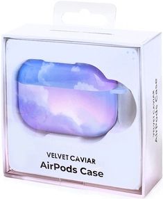 the packaging for an airpods case is white and has purple clouds on it,