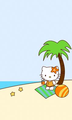 hello kitty on the beach under a palm tree