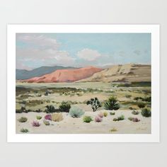 a painting of desert with mountains in the background