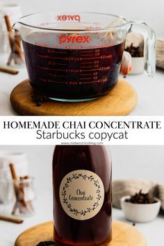 homemade chai concentrate in a glass jar with starbuck's copycat label