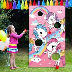 PRICES MAY VARY. Package includes : 1 fabric unicorn toss game banner, 3 bean bags and 1 ribbon (approx. 9.8 ft) for hanging; Funny unicorn themed party game set for both children and adults Material and big size : the unicorn birthday party supplies is made of great quality fabric, and has 4 holes for hanging easily; The unicorn game banner (33.5 x 57 inches) is larger than traditional toss games, suitable for multi-team competition Washable and reusable : fabric unicorn toss game banner can be Unicorn Games, Fest Temaer, Unicorn Themed Birthday Party, Unicorn Party Decorations, Unicorn Birthday Party, Gaming Banner, Beautiful Unicorn, Bean Bag Toss, Toss Game