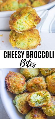 cheesy broccoli bites in a white bowl with the title above it