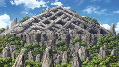 a mountain with trees and rocks in the foreground, against a blue sky filled with clouds