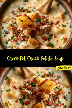 two pictures of soup with potatoes and bacon