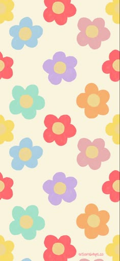 Red flowers, purple flowers, pink flowers, orange flowers, yellow flowers, green flowers, repeating flower pattern, digital wallpaper Cute Cartoon Flower Wallpaper, Retro Daisy Wallpaper Iphone, Aesthetic Daisy Drawing, Cartoon Flower Pattern, Cute Flower Drawing Simple, Flower Background Cartoon, Preppy Flower Drawing, Simple Flower Drawing Wallpaper, Flower Cute Illustration