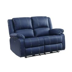 the reclining loveseat is shown in blue leather with stitching on it