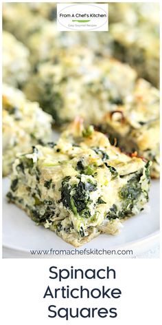 spinach artichoke squares on a plate with text overlay that says spinach artichoke squares