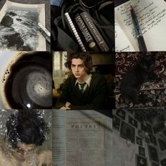 a collage of photos with harry potter and other things in them, including books