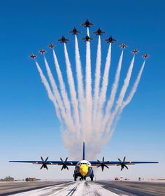 an air force jet flying in the sky with jets trailing behind it's back