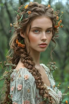 Fairytale Makeup, German Hairstyle, Flower Nymph, Boho Makeup, Dramatic Hair, Cabello Hair, Flowers In Her Hair, Art Photography Portrait, Fairytale Photography