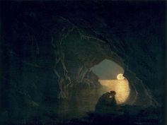 a painting of two people sitting in a cave by the water at night with a full moon behind them