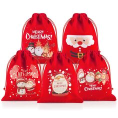 four red bags with santa claus and snowmen on the front, one is for christmas