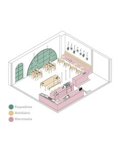 the inside of a restaurant with tables and chairs in pink, green and yellow colors