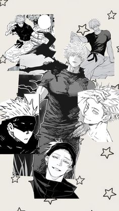 an image of some anime characters in black and white with stars on the back ground