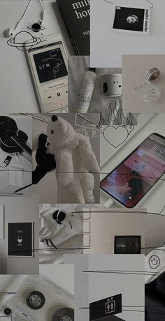 a collage of photos with various items on them including cell phones, books and other things