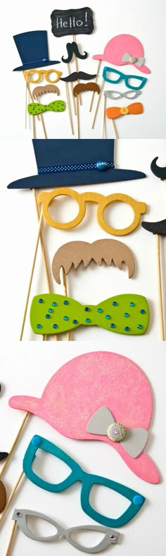 some paper masks are sitting on top of each other with eye glasses and mustaches