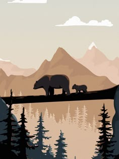 two bears are standing on a log in front of some mountains and trees, while another bear is walking across the bridge