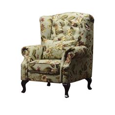 an upholstered chair with floral fabric