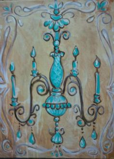 a painting of a blue chandelier with candles