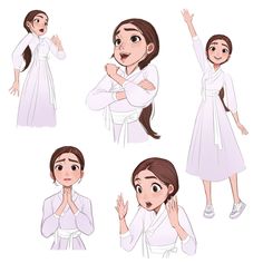 various poses of a woman in white clothing with her hands on her chest and the other hand