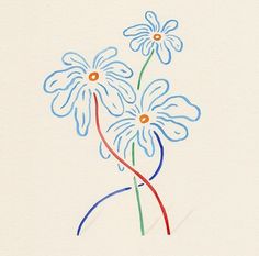 a drawing of three daisies in a vase with red, blue and green stems