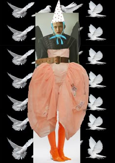 a collage of white birds flying over a woman in an orange dress and hat